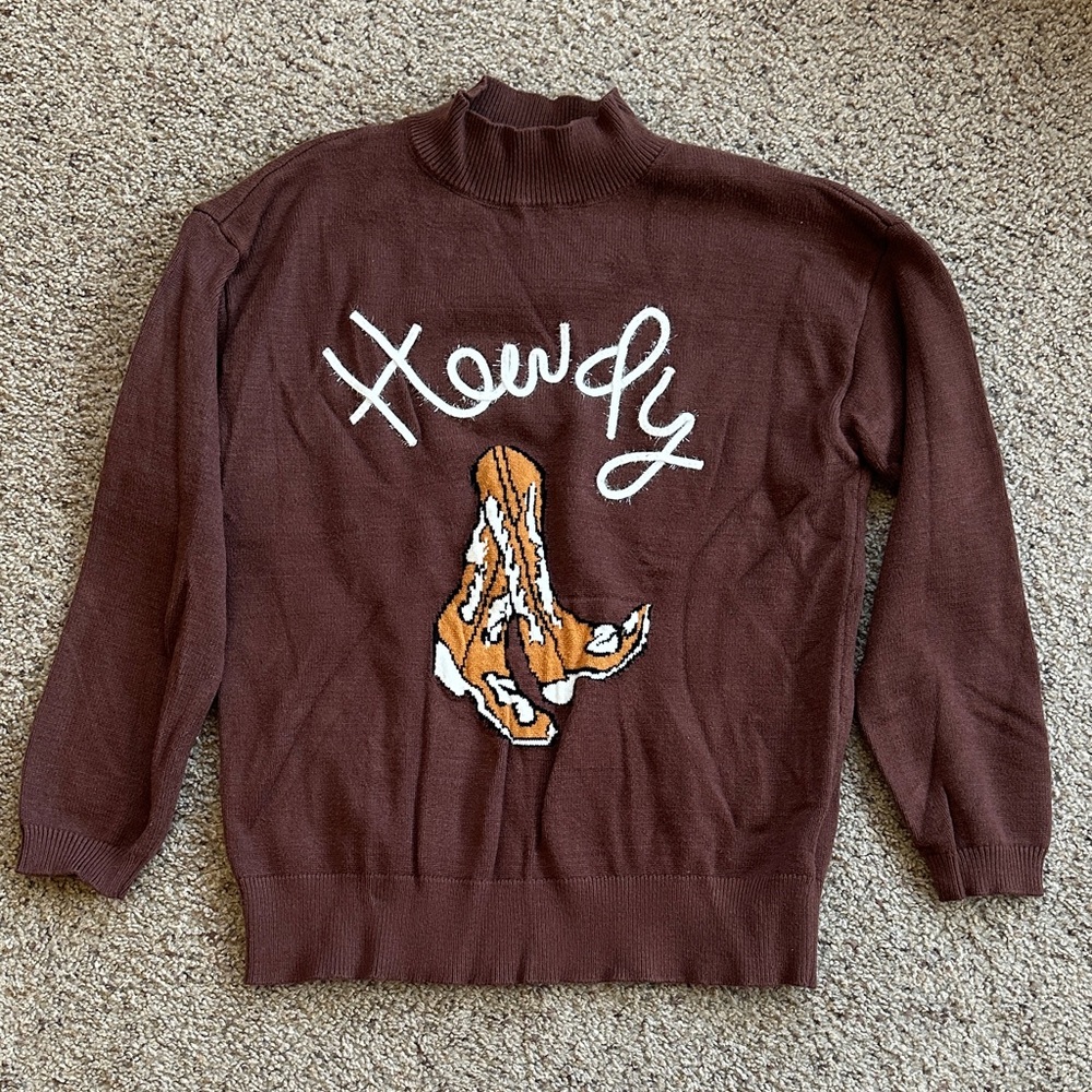 Brown Sweater with 'Howdy' Design